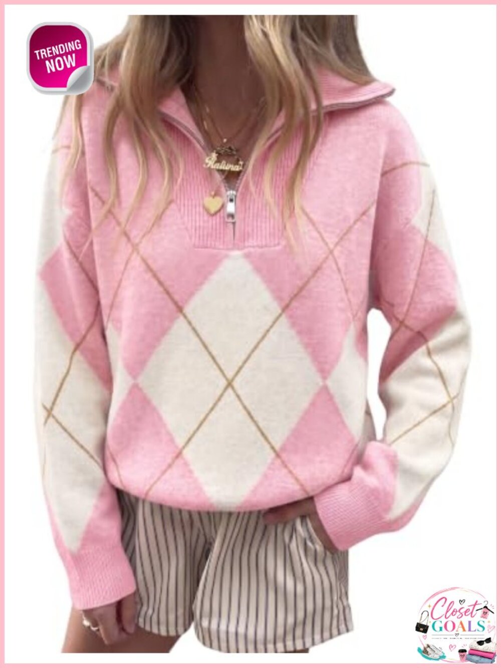Womens Quarter Zip Sweater Argyle Knit Pullover Collared Long Sleeve Loose Fit